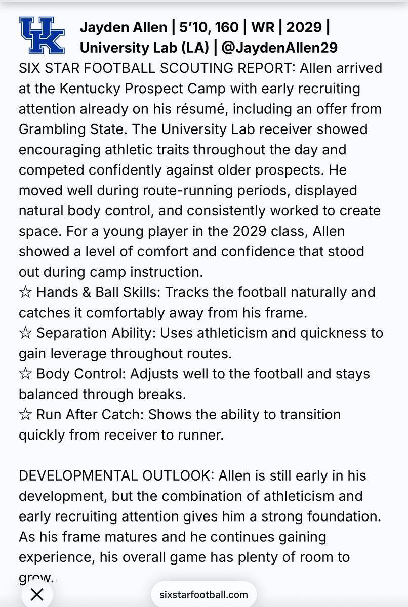 JaydenAllen29's tweet photo. Just stacking days. I appreciate @sixstarfootball for taking a look at my play at the @UKFootball camp earlier this week. 

@RecruitLouisian 
@JeritRoser 
@JordanArcement 
@samspiegs 
@andrechampagnee 
@ChadSimmons_ 
@CoachJoeSloan 
@schnapp_brandon 
@Coach_Durand https://t.co/zTJcry6B4s