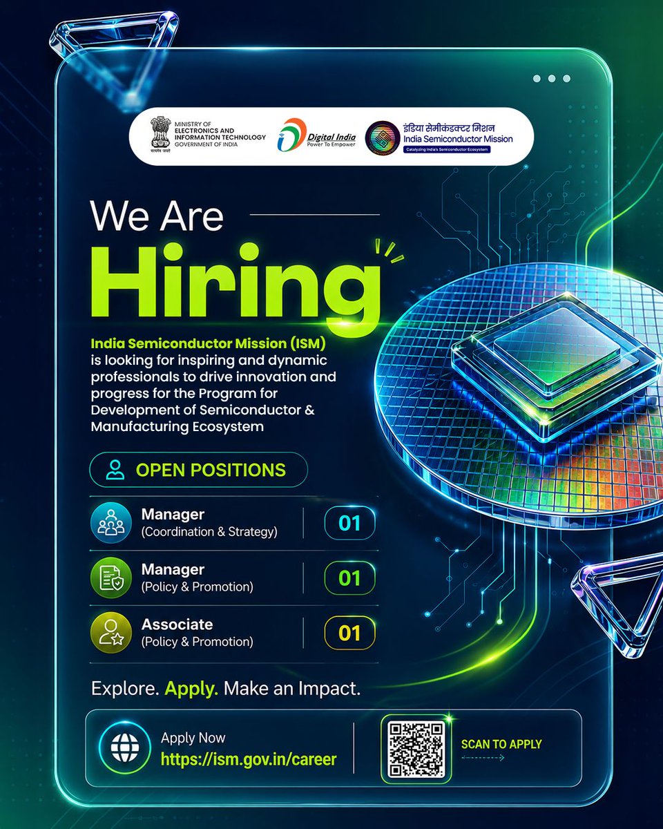 SemiconIndia's tweet photo. ISM is looking for inspiring &amp; dynamic professionals to drive innovation &amp; progress under Program for Development of Semiconductor &amp; Manufacturing Ecosystem in India.

Apply now👇
 🔗 https://t.co/w5fAUjeNX2

#IndiaSemiconductorMission #JobOpenings https://t.co/m9WbAjkLSl