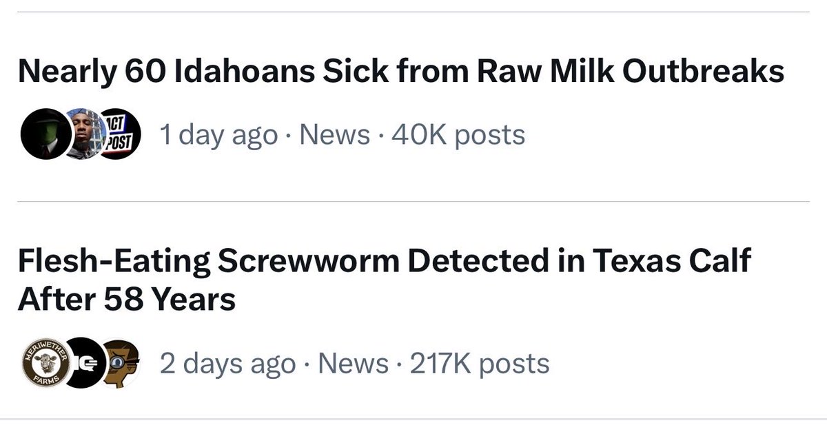 chalkystring's tweet photo. Darwin’s Revenge! 
Thanks to Trump and MAGA DOGE ELON idiots, we’ve got screwworms in our beef and people are getting sick from raw milk. https://t.co/PS9JGkhSks