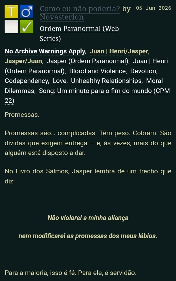 Novasterion's tweet photo. Atualização das minhas fics recentes antes de eu sumir dnv (aquela Caíto/Nando também teve +1 cap): #JUSPER

https://t.co/HGnAB7PMpk

https://t.co/9nOA3am9lc

https://t.co/TCHf9BzEyT https://t.co/54x33AqV4k