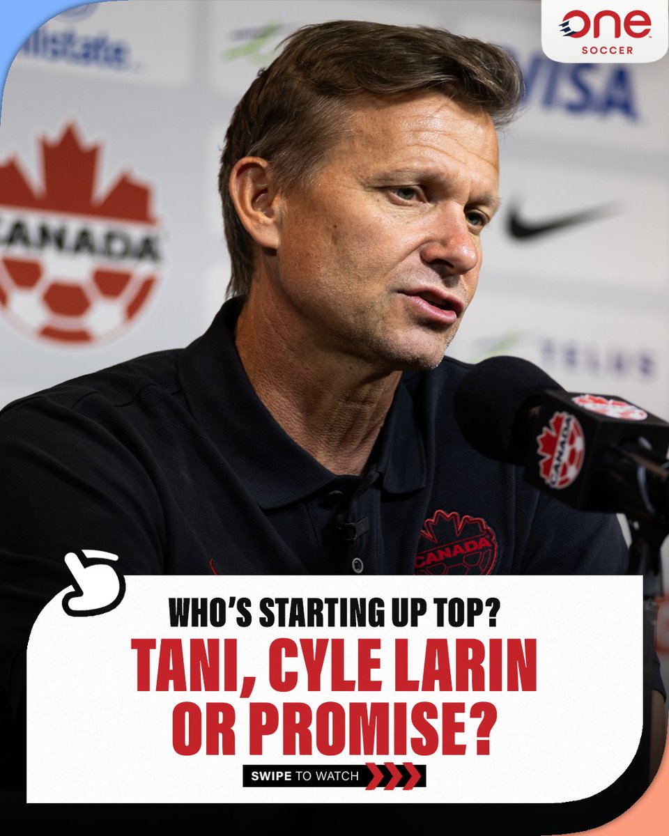 onesoccer's tweet photo. Who's starting up top for the CanMNT 🇨🇦 next week: Tani Oluwaseyi, Cyle Larin or Promise David? 🎯

Here's what Jesse Marsch had to say about the striker position 🎙️ https://t.co/7KjShdj6Wz