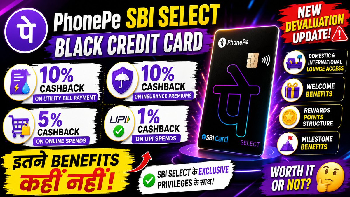 knowyourcard's tweet photo. 🔥Phonepe SBI SELECT Black Card 

⭐ 10% Cashback on Utility Bill Payment &amp; Insurance Premium Payment 

✨ 5% cashback on Online Spends &amp; 1% Cashback on UPI 

💎 Domestic &amp; International Lounge Access

📨 New Devaluation Update 

🧩 https://t.co/jXIR0JK8Hy

#ccgeek #cashbackcard https://t.co/IB9TnKXT1B