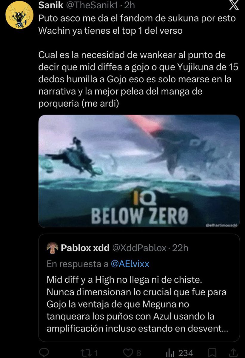 XddPablox's tweet photo. Si le vas a bloquear para que no te responda después de tirar,dejame decirte que sos un cagon. 
1. Yo no he dicho que Yujikuna 15f le gana a Gojo,creo que Gojo ganaría de hecho.
2. Es un “mid diff” porque la ventaja es para Sukuna y Gojo perdería todos los choques.

Si,me ardi. https://t.co/KZnMdJyilb