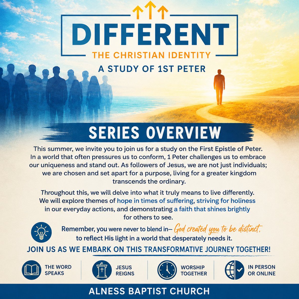 alnessbapt's tweet photo. Join us this summer☀️ @ ABC
DIFFERENT — The Christian Identity
📖 A study through 1 Peter
Discover what it means to live as people who are chosen, set apart, and living for a greater Kingdom.
Hope. Holiness. Faith that shines.
🕚 Sun| 11am
📍 In person &amp; online
#1Peter #Different https://t.co/Ca9VgL6FP6