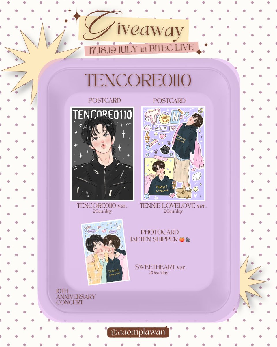 aaomplawan's tweet photo. 💟 pls rt | giveaway
TENCORE0110 10TH ANNIVERSARY CONCERT 

•Postcard  TENCORE0110 ver. 20 ea/day🖤💜
•Postcard  TENNIE LOVELOVE ver. 20 ea/day🐈‍⬛💜
•Photocard SWEETHEART ver. 20 ea/day 🍑🐈‍⬛

🗓️ date : 17,18,19 JULY
📍location : BITEC LIVE
⏰ time : tba

see ya~💟✨

#TENCORE0110Concert #TENCORE0110iscalling