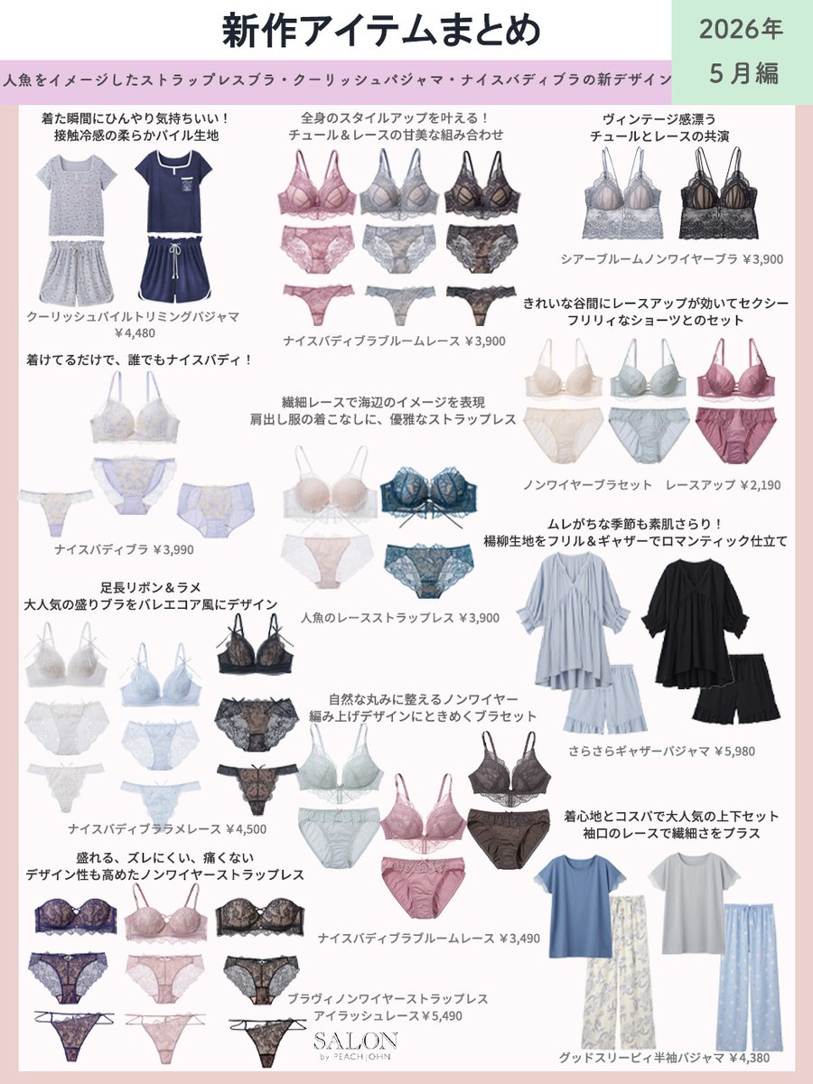peach_john's tweet photo. 📢ピーチ・ジョン【５月新作まとめ】

夏シーズンの新作アイテム🫧
☑ナイスバディブラシリーズの新デザインが３型✨
☑暑い季節にぴったりのルームウェア新作
☑SALON by PEACH JOHN からも新作が発売！

暑い日もお気に入りのランジェリーで楽しんでくださいね😉
🔗https://t.co/mUOUd1gwzf

#peachjohn #ピーチジョン #salonbypj