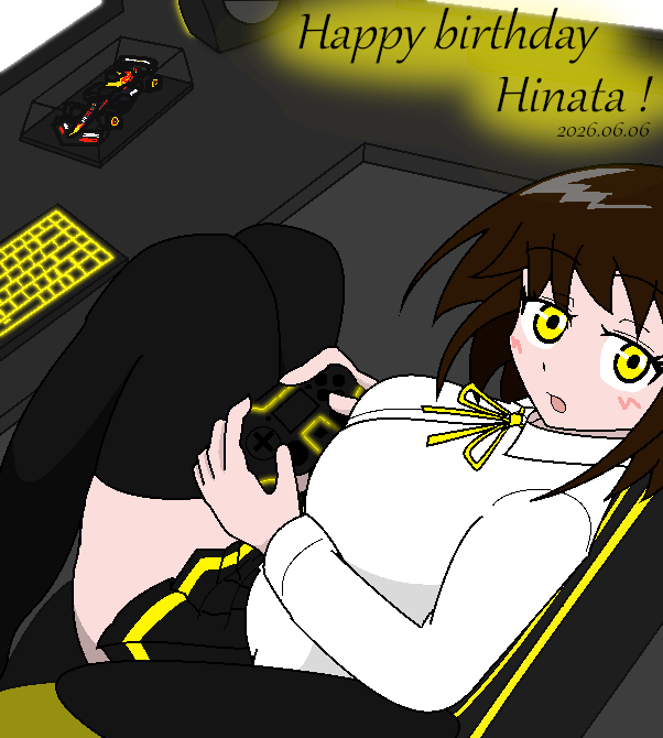 ihuka_starve's tweet photo. Happy birthday 日向！
うちのこ日向も一周年を迎えました！！

ゲームが趣味で配信もやっている……という設定。
モニターの下にはゲームでの愛車のミニカーがひとつ置かれているという裏設定をここで回収！

Pixivにも文字無し差分と共にアップしました！
リプにぶら���げておきます！ https://t.co/8oqxjM8JnS
