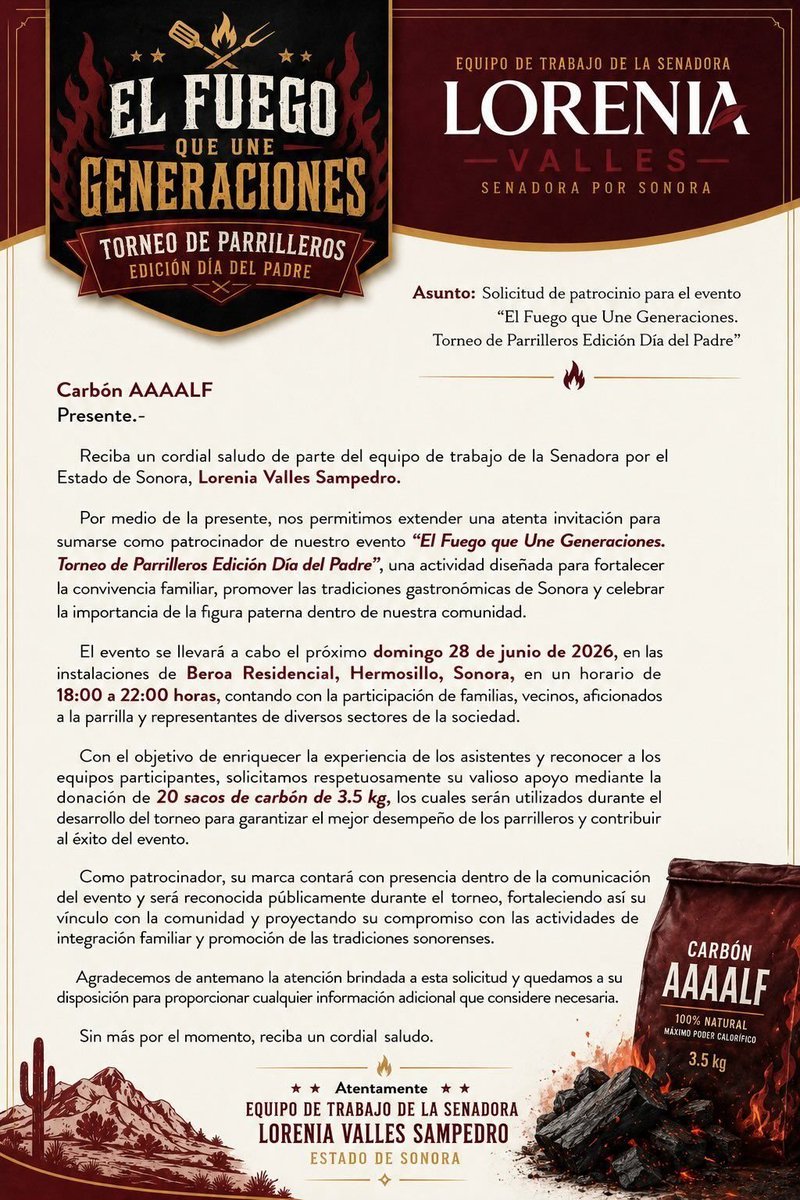 elQueteco's tweet photo. Sumamente preocupante y delicado que esta persona Bruno Galindo "Rey del Grill" ande enviando cartas con IA a nombre de @LoreniaValles_ para realizar un evento privado con fines claramente de promoción política ojo aquí @IEESonora @INEMexico 
@juanczuniga @kioscomayor @bujia_la https://t.co/wxT4PBNmxc