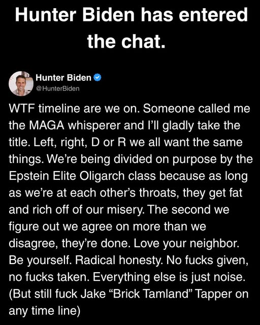 ColoradoIndepe1's tweet photo. Hey @HunterBiden - you know what you should do. And I'm being dead serious:

YOU should run for president.

I am not kidding. Your history isn't ANYWHERE NEAR as polluted as the #OrangeShitGibben in the white house's is.

And it will drive the #MAGA'ts insane. https://t.co/KEwWxkyWeH