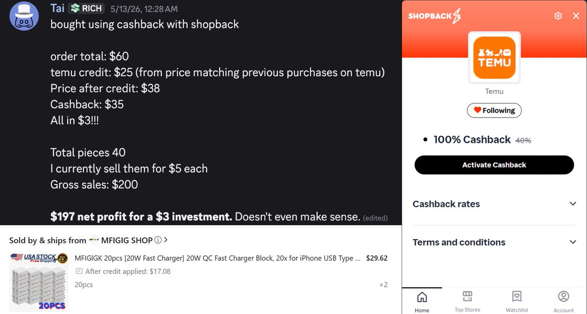 glitchaddicts's tweet photo. NO WAY HE MADE $200 FROM TEMU FOR FREE 🤯

He used ShopBack’s 100% cashback offer to order 40 chargers that ended up costing just $3 after cashback and sold them for $200

Don’t sleep on the current 100% Temu cashback offer

https://t.co/bZDtlp8mXu #ad https://t.co/X7cXeD7G40