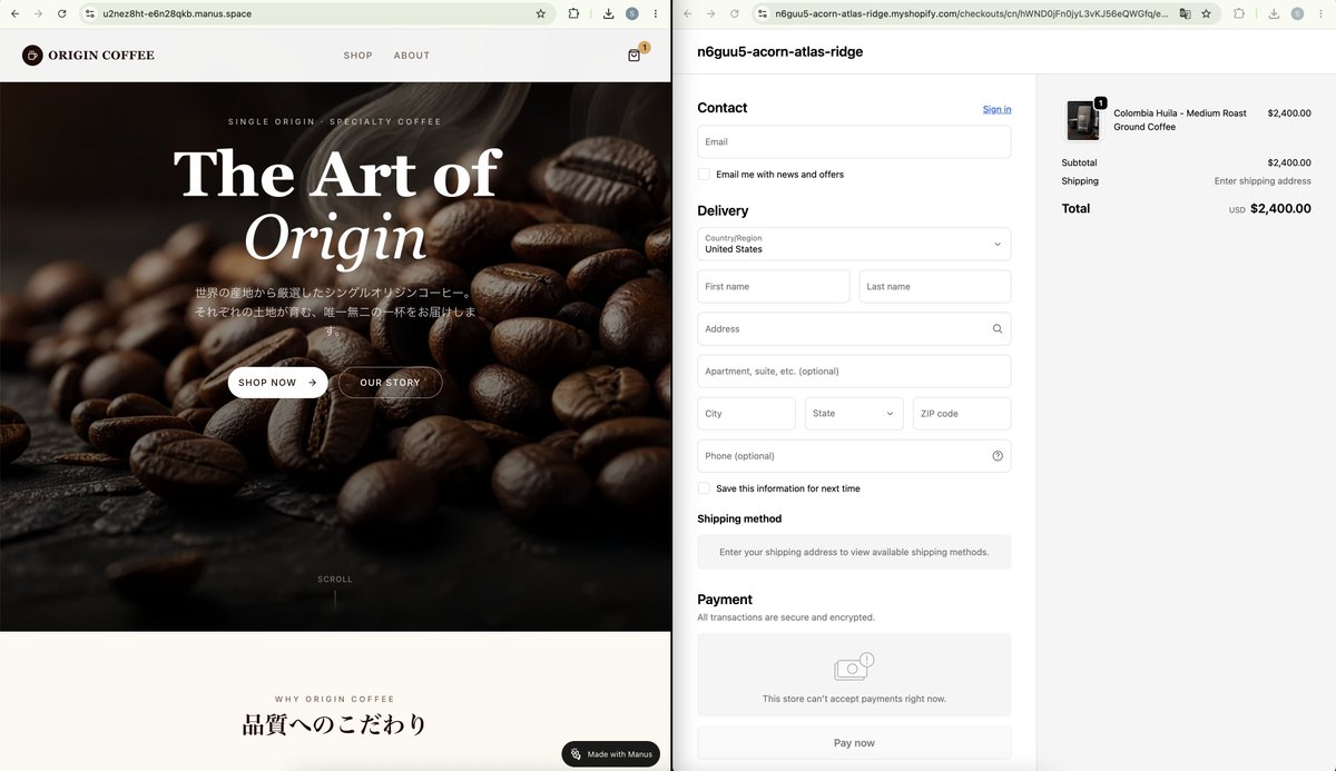 sh_sakamoto's tweet photo. 完全自律型AIエージェントとして話題のManus でも同様に Shopify ストアを試してみました。（こちらも公式の連携機能が提供されています）

構造は Lovable と同じで、フロントエンドは *.manus.space に公開され、チェックアウトは Shopify ネイティブに遷移します。Manus の場合はヒーロー画像・商品画像まで自律的に生成してから実装を進めるのが特徴的でした。LovableよりもさらにShopifyとの統合アシストが充実している感じです。

AIエージェントが Shopify Storefront API を使ってヘッドレスストアを丸ごと組み上げる流れが、複数のツールで定番になってきている印象です。

#Shopify