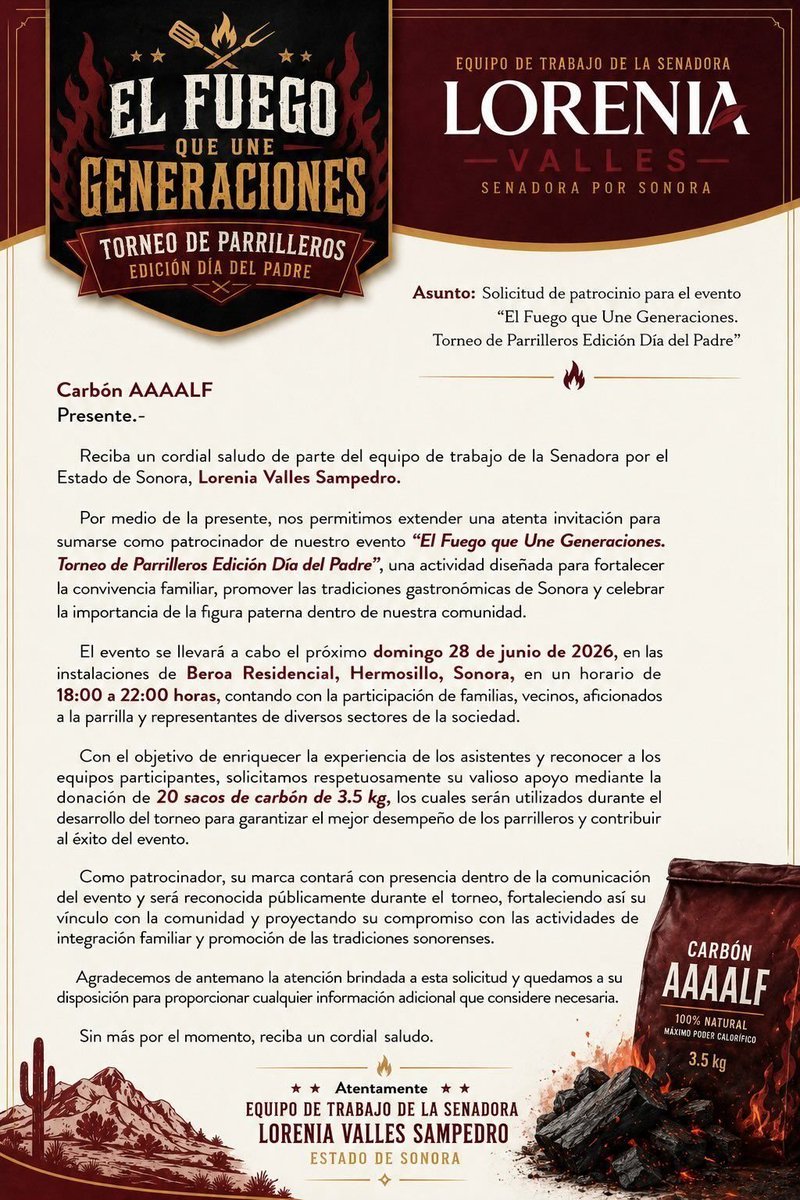 elQueteco's tweet photo. Sumamente preocupante y delicado que esta persona Bruno Galindo "Rey del Grill" ande enviando cartas con IA a nombre de @LoreniaValles_ para realizar un evento privado con fines claramente de promoción política ojo aquí @IEESonora @INEMexico 
 @naranjero75 @Jorge_MoralesB https://t.co/o5AOPXbmp1