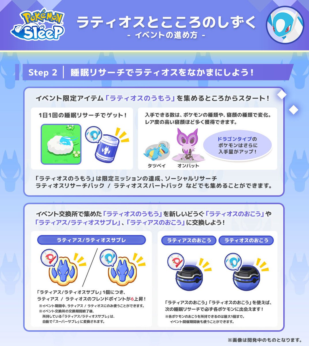 PokemonSleepApp's tweet photo. 【ラティオスとこころのしずく：進め方まとめ】

ラティアスとラティオスの力を合わせ、こころのしずくの輝きを取り戻しましょう！

🔮 ドラゴンタイプのポケモンと力を合わせよう
📜「イベントの進め方」をおさらい
💤「睡眠」をしっかりとる！

準備を整えて、イベントに備えましょう😊

#ポケスリ https://t.co/WjsKrTPChT