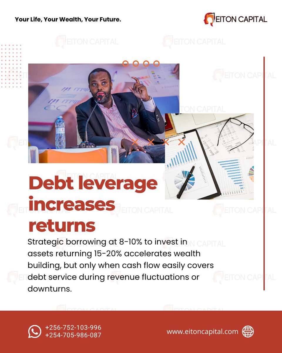 TonnyFinAdvisor's tweet photo. Strategic debt leverage at 8 to 10% interest rates to invest in quality assets returning 15 to 20% annually accelerates wealth building significantly, but only works when your cash flow comfortably covers debt service even during revenue fluctuations or market downturns without forcing asset liquidations.

Comprehensive financial planning includes evaluating optimal leverage ratios that enhance returns without exposing your family to catastrophic risk, while life insurance ensures debt gets paid if disability or death stops your income, preventing lenders from seizing assets and destroying the wealth you're building through intelligent borrowing.

Talk to us about using strategic debt leverage safely.

📞 +256752103996 (Uganda) | +254705986087 (Kenya)  
📲 https://t.co/w86BMZjRqM  
🌍 https://t.co/A3IZEaktZP