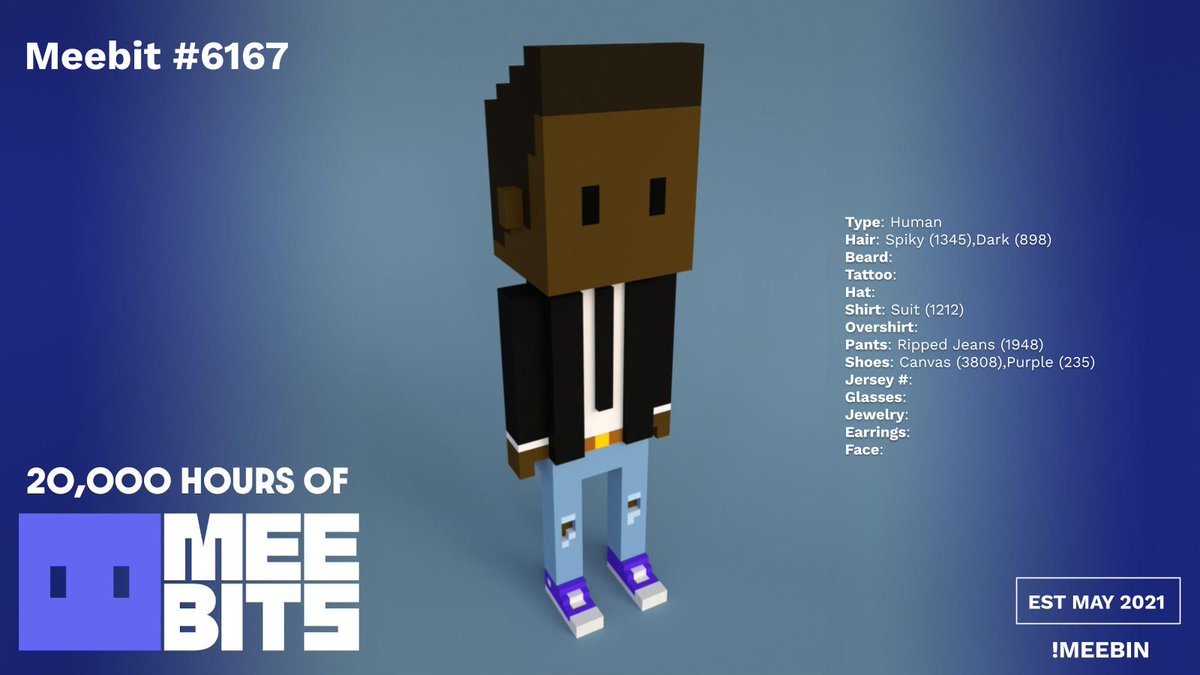 MeebitGamer's tweet photo. #20000HoursofMeebits - Hour 6167

Friday night flex: Meebit #6167 is stepping out with major Human energy. Spiky dark hair keeps the vibe sharp, while a classic suit on ripped jeans brings the perfect mix of rebel and refined. Purple canvas kicks? That’s rare ice—only 235 in the whole collection. This Meeb’s ready to own the weekend.

#Meebits !Meebin