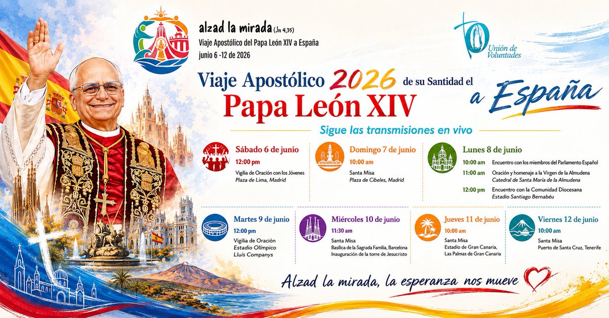 UnionVoluntades's tweet photo. 🌍 ¡El Papa León XIV llega a España y tú puedes vivirlo desde donde estás!

Del 6 al 12 de junio, sigue EN VIVO cada momento del Viaje Apostólico 2026 a través de los canales de Unión de Voluntades en YouTube y Facebook.
#PapaLeónXIV #ViajeApostólico #España2026 #AlzadLaMirada https://t.co/IWmCzBmic9