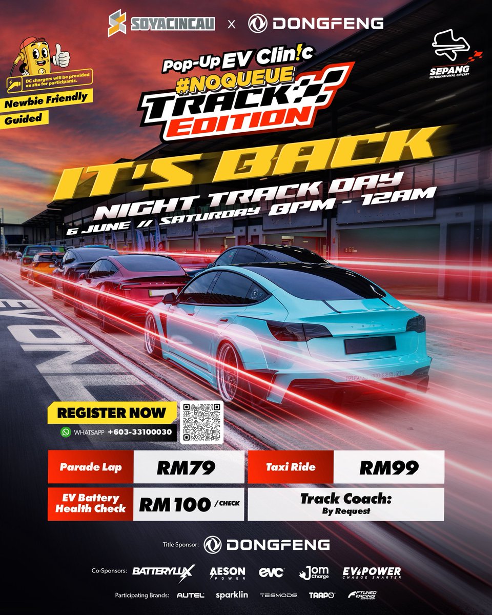Soya_Cincau's tweet photo. Watch over 100 EVs covering Parade Lap and Track Sessions at Sepang International Circuit North Paddock. 

Spectators can watch for free! #ev #evtrackday #dongfeng #noqueue #trackday https://t.co/sB159fvyjZ