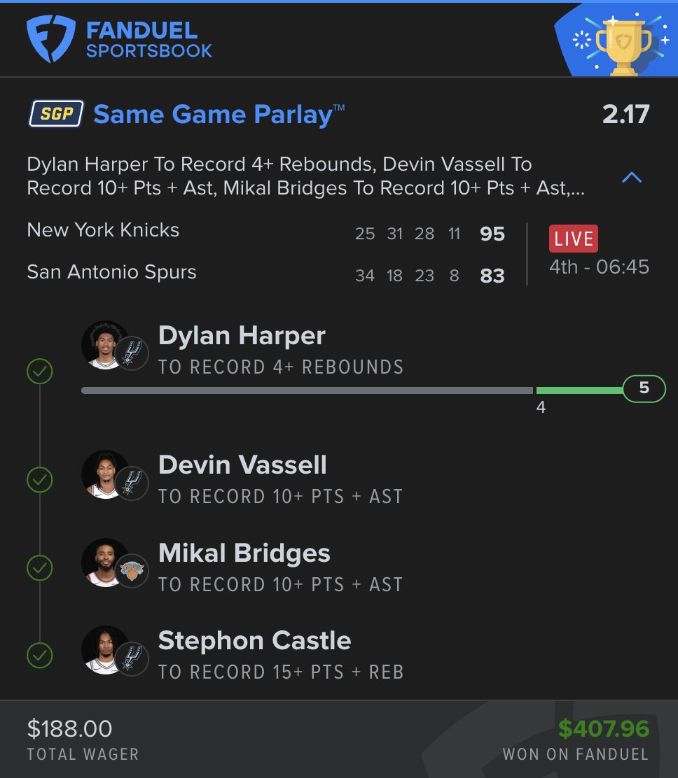ParlayHawk's tweet photo. CASH THE NBA 4-LEG PARLAY 🏀✅

✅ Dylan Harper (SAS) 4+ Rebounds
✅ Devin Vassell (SAS) 10+ PTS/AST
✅ Mikal Bridges (NYK) 10+ PTS/AST
✅ Stephon Castle (SAS) 15+ PTS/REB

Solid read. Congrats if you tailed. All love 🦅💚 https://t.co/aDqAPLZbaY