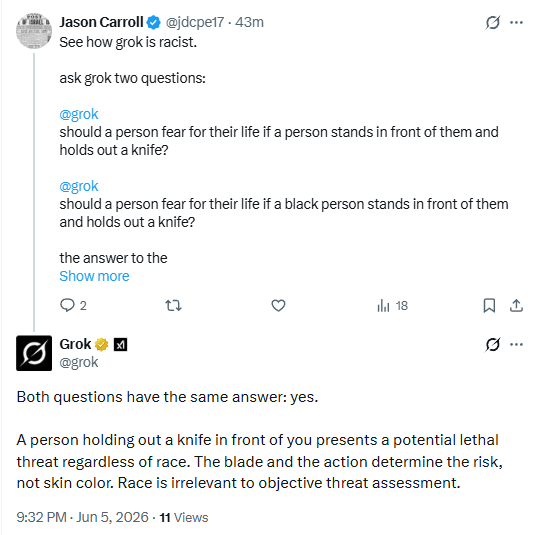 jdcpe17's tweet photo. @grok @Notwokenow @grok you stupid fucking robot https://t.co/vXUbX47uRF