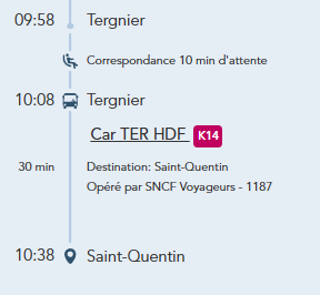 TERHDF's tweet photo. @sabine2110 Les pictogrammes indiquent le mode de transport prévu pour chaque trajet. Le détail sur le site TER évoque bien un car pour la liaison entre Tergnier et Saint-Quentin. https://t.co/9PPk5hUKKV