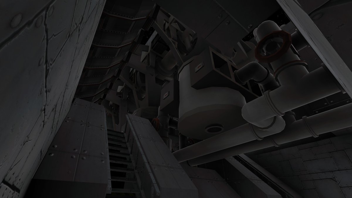 Genbu_ST's tweet photo. 再作成中の駆逐艦
機関はぎっちり詰まってるが
通路は通している
下から見上げる感じの通路で圧迫感がすごい
スラスターは4基＋低出力の2基 https://t.co/vKu9r7DiLa