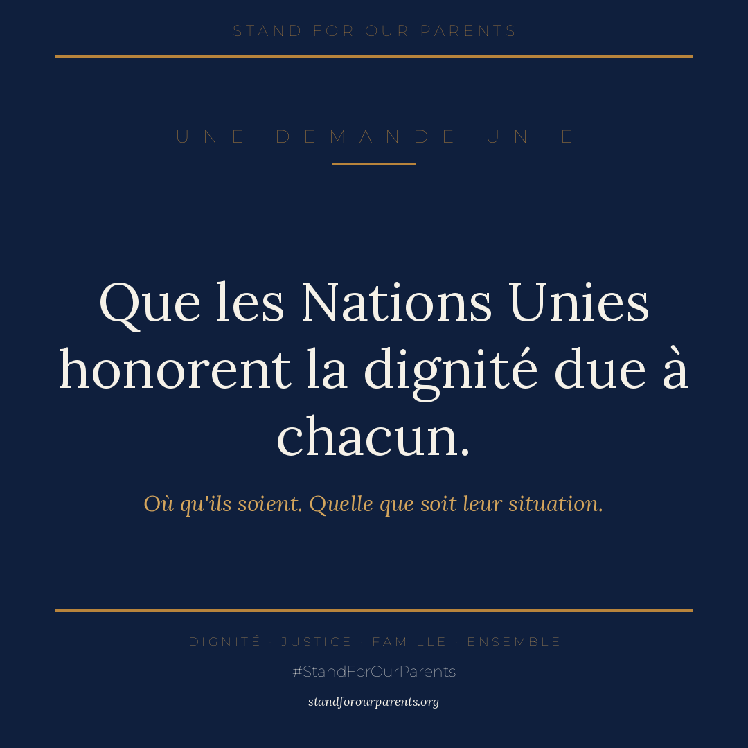 Stand4Parents's tweet photo. Une cause. Trois visages. Une seule demande.

Où qu'ils soient, nos proches — et nous, qui portons leur voix — demandons la même chose :

Que les Nations Unies honorent la dignité due à chacun.

@UN  #StandForOurParents https://t.co/Yz30QVP0xm