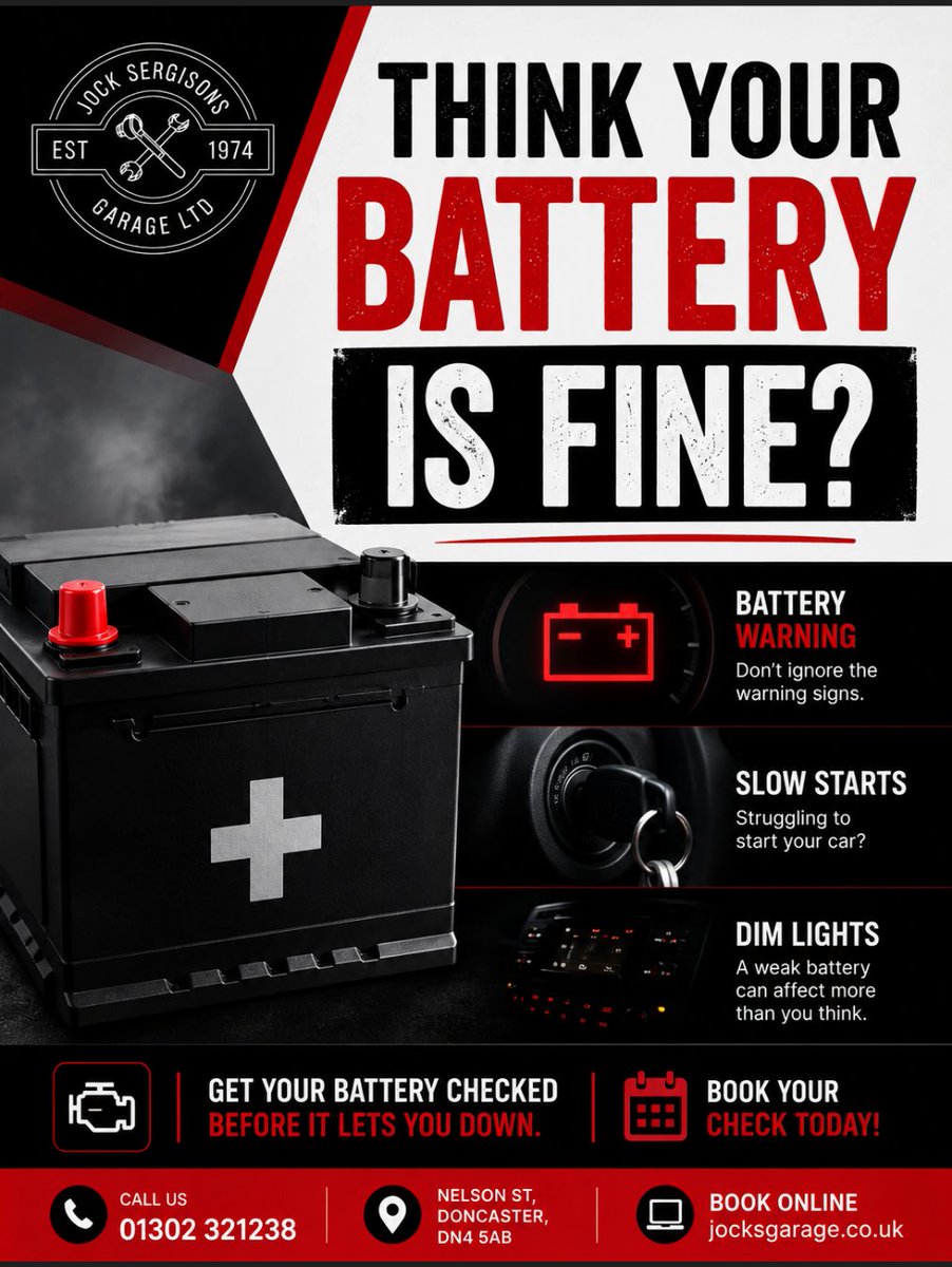 JocksGarage's tweet photo. Hot weather can affect battery performance too.

Watch for:
⚠️ Slow starts
⚠️ Dim lights
⚠️ Dashboard warning lights
Don’t wait until you’re stranded—get your battery checked early.
#BatteryCheck #CarMaintenance #JocksGarage #VehicleCare https://t.co/vzwoBAE8fp