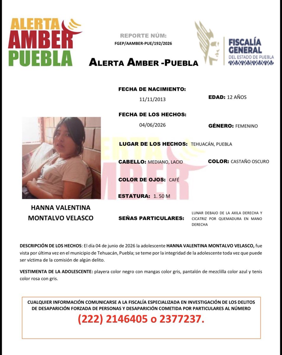aamber_pue's tweet photo. #AlertaAmber | Solicitamos su apoyo para la búsqueda y localización de la adolescente HANNA VALENTINA MONTALVO VELASCO, de 12 años de edad.

Fue vista por última vez en el municipio de Tehuacán, Puebla. https://t.co/gMmJOKwFPc