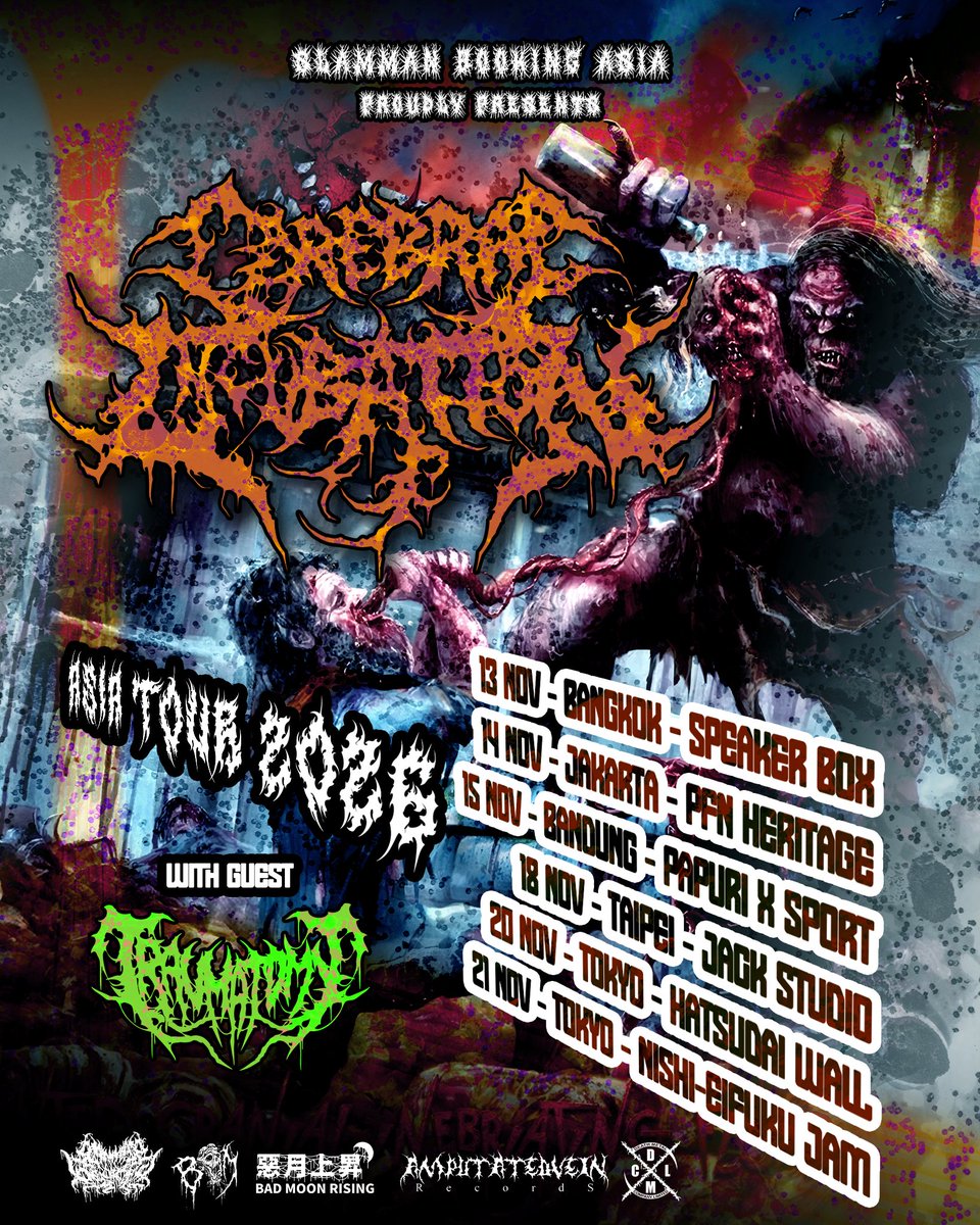 AmputatedVein's tweet photo. Sanguinary Design Vol.06
Cerebral Incubation Tokyo Japan Show 2026.

今は亡きGuttural Secreteの後を継ぐネバダのスラミングブルータルデスメタルマスター「Cerebral Incubation」の初来日が決定！！！
更に7年振り再来日となるロシアの「Traumatomy」が帯同。

迎え撃つ国内勢、11月20日（金）初台Wallには「DC」、11月21日（土）西永福Jamには「Kruelty」が出演。

これを観ずして2026年は終われない！