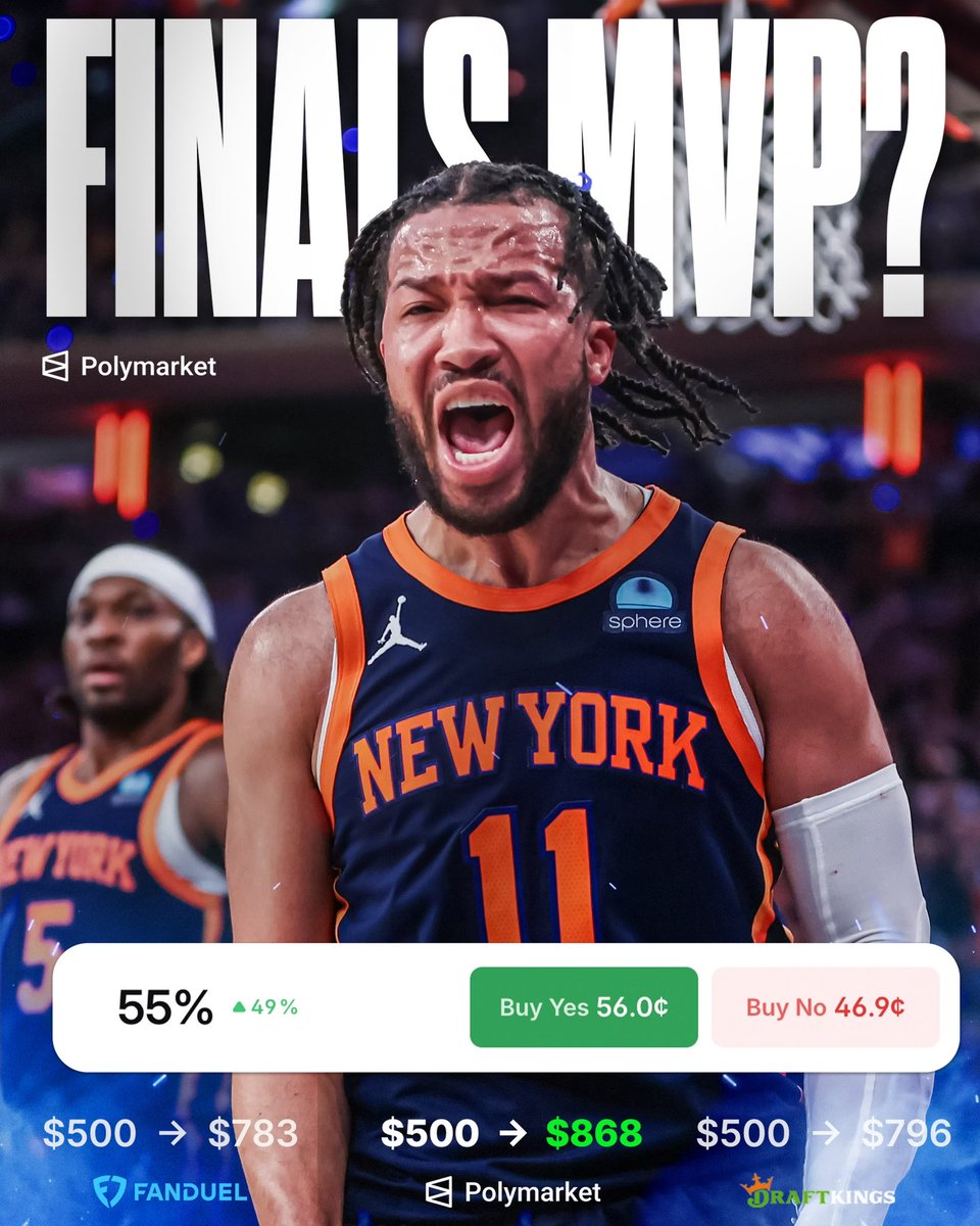 TheHoopCentral's tweet photo. Jalen Brunson in the NBA Finals:

25.0 PPG
4.0 RPG
4.0 APG
2.5 SPG
37.4 MPG

JB sits at a 55% chance to be named NBA Finals MVP https://t.co/lOuOyct2Pf
