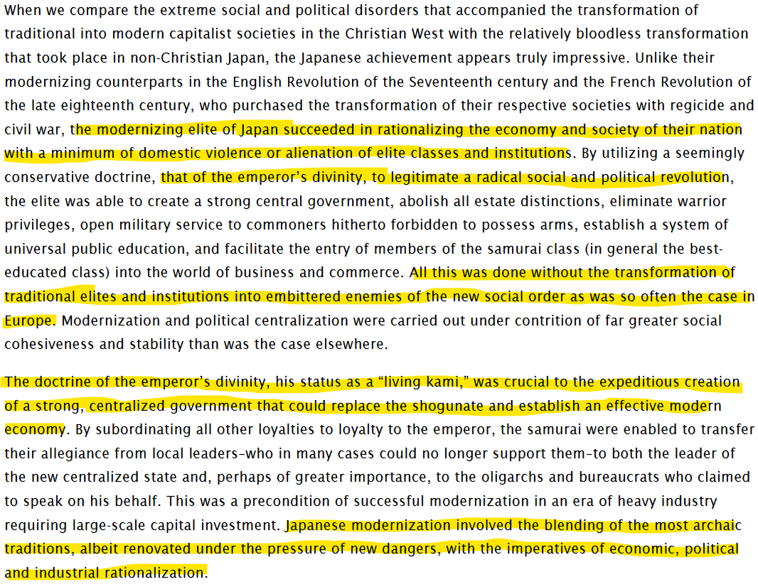 Rjrasva's tweet photo. https://t.co/Fot5YwdKN9
Meiji Restoration was by no means a "cultural revolution" in sense of Chinese one, it in fact emphasized aspects that liberals assure us cause states to fail (y it succeeded):

Emperor's divinity &amp; reverence for the Imperial Line &amp; through them to the kami https://t.co/QjnU2TKkJs