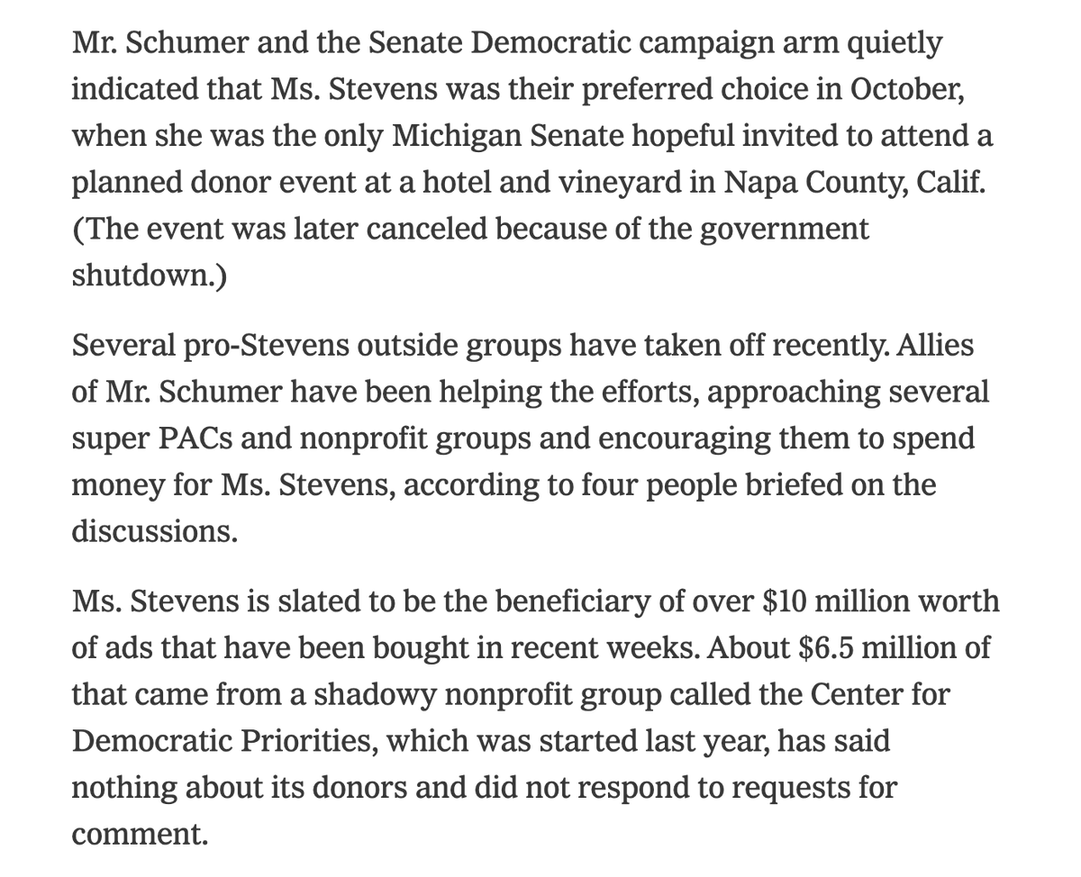 TrackAIPAC's tweet photo. NY Times: "Haley Stevens is slated to be the beneficiary of over $10 million worth of ads that have been bought in recent weeks. About $6.5 million of that came from a shadowy nonprofit group called the Center for Democratic Priorities, which was started last year, has said nothing about its donors and did not respond to requests for comment."