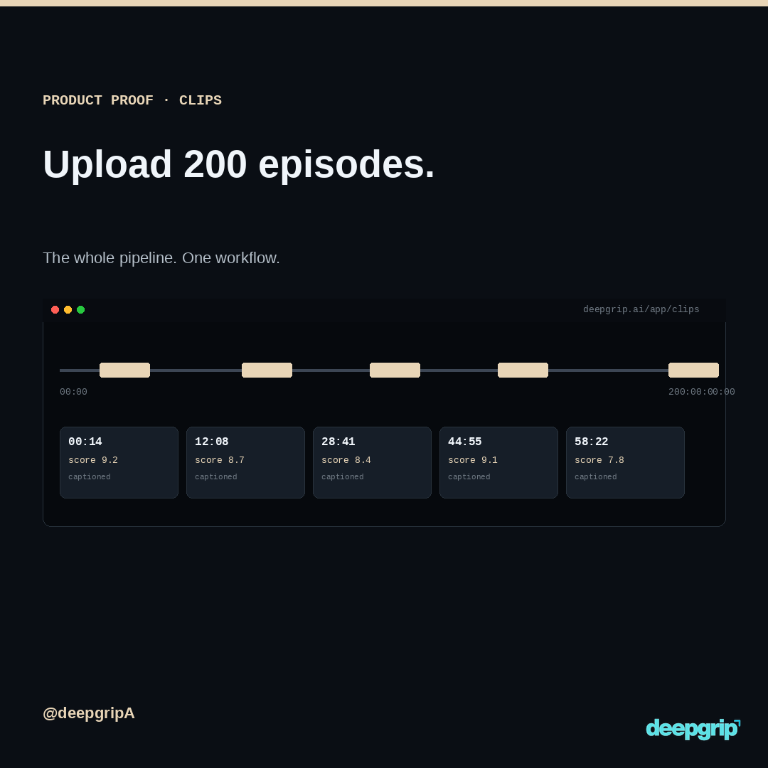 DeepgripA's tweet photo. Upload 200 episodes.
Auto-captions, search, 30 days of clips. One afternoon. https://t.co/FNhbaQQKeu