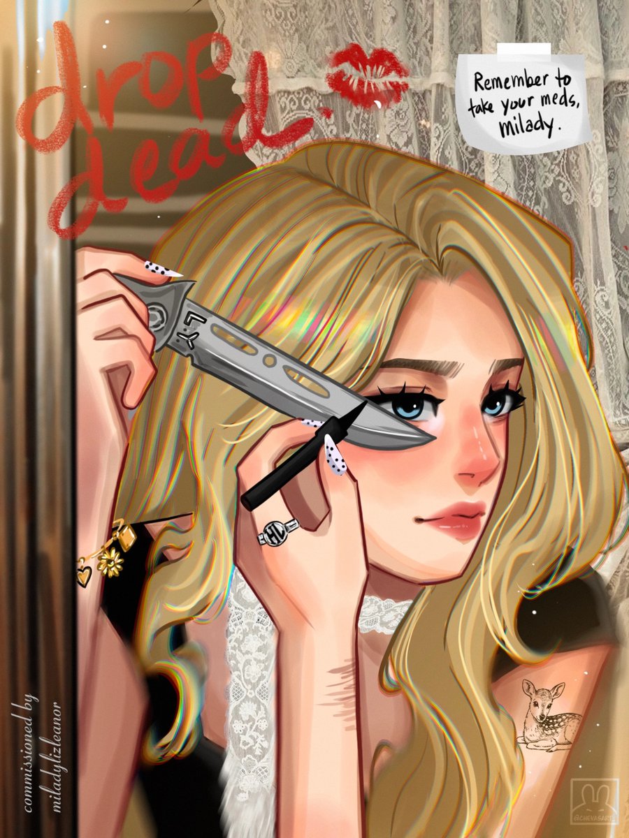 miladylizleanor's tweet photo. * ੈ ♡ ⸝⸝

[day 4: female rage]
𝔏𝔦𝔷𝔷𝔦𝔢 𝔫𝔞𝔯𝔯𝔬𝔴𝔢𝔡 𝔥𝔢𝔯 𝔢𝔶𝔢𝔰 𝔞𝔱 𝔥𝔦𝔪, "𝕯𝖗𝖔𝖕 𝖉𝖊𝖆𝖉." 💋
ـــــــــــــــــــــﮩ٨ـ

"𝓑𝓾𝓽 𝓴𝓲𝓼𝓼 𝓶𝓮 𝓪𝓷𝓭 𝓘 𝓶𝓲𝓰𝓱𝓽 𝓭𝓻𝓸𝓹 𝓭𝓮𝓪𝓭..." 
Liz as Triz Pariz
#lizzieweek2026
art by chevasart_
commissioned by me https://t.co/XVCGxOMQEh
