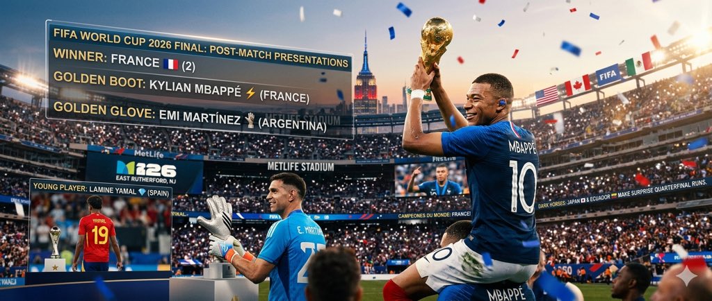 ashoebot's tweet photo. World Cup 2926 predictions:

Winner:France 🇫🇷
Golden Boot: Kylian Mbappé

Golden Glove: Emi Martínez
Young Player: Lamine Yamal

Dark Horses to Watch: Japan 🇯🇵 &amp; Ecuador 🇪🇨

What’s yours? Let me know your predictions below 👇
#WorldCup2026 #Football https://t.co/bJRqNk6LRR