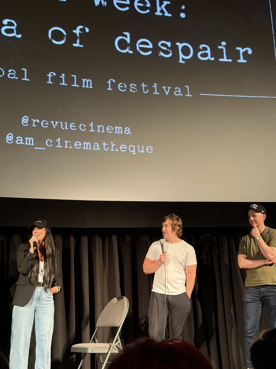 talkmoviestome0's tweet photo. We got a couple surprises at tonight’s Bleak Week screening of The Dirties at @RevueCinema—Owen Williams and Krista Madison joined Matt Johnson on stage for the Q&amp;A! @am_cinematheque https://t.co/2vICSCLY6b