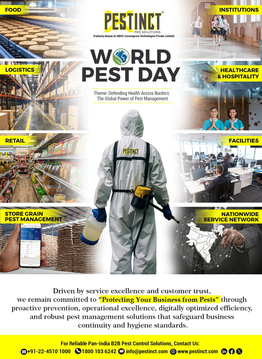 pestinct's tweet photo. 🌍 Happy World Pest Day!
At Pestinct Pro Solutions Pvt. Ltd., we're proud to support #businesses across #India with proactive, #Technology-enabled #PestManagementSolutions that help maintain the highest standards of #hygiene and #compliance.
#ProtectingYourBusinessfromPests https://t.co/4lN6ShGKHI