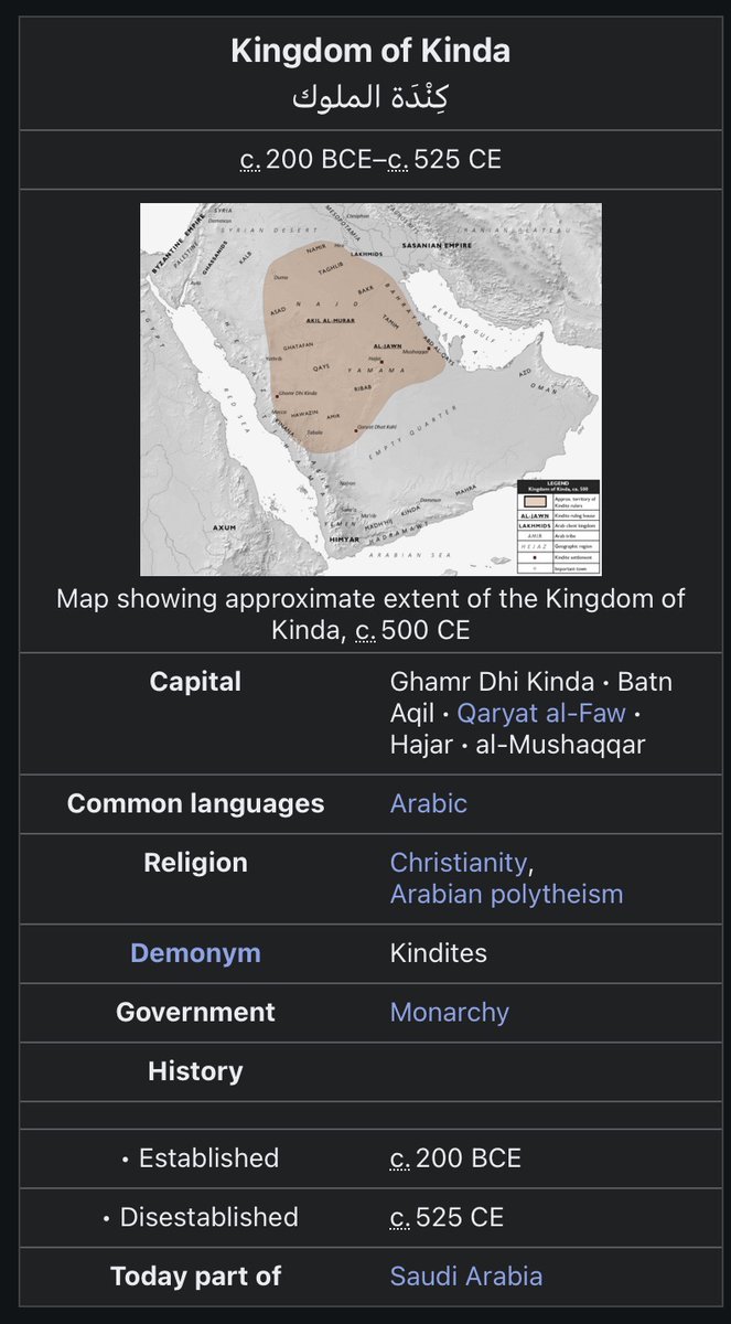 felidqe's tweet photo. 2,000 years ago, there existed a “Kingdom of Kinda”
It was largely a loose confederation of nomadic Arab tribes.

So you can say they kinda ruled https://t.co/rJA20jISM5