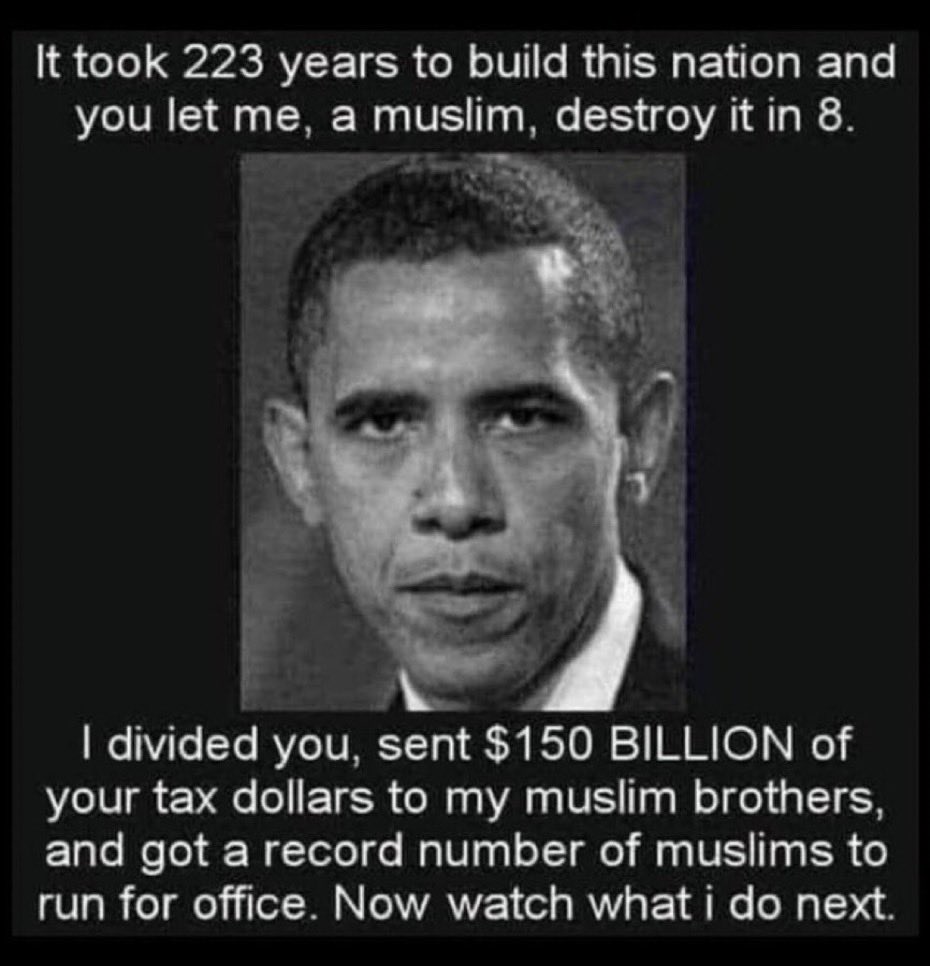 Diana28966299's tweet photo. Muslim takeover of America must be prevented.   Obama, the Muslim Brotherhood, the Democrat Party and Globalists plan to make America follow UK’s lead to make Islam the national religion. 

Reinstate Mc Carran-Warner Act of 1952 forbidding "muslims" from holding office in America!

Dick Cheney, John McCain, Joe Biden, Al Gore, John Kerry, Mitch McConnell, Chuck Schumer & Nancy Pelosi QUIETLY repealed the McCarran Warner Act of 1952 that stopped  "muslims" from holding office back in 1990; then Muslims started pouring in during Obama’s presidency. 

To help radical Muslims live in America under the radar, OBAMA HAD DHS SCRUB ALL RECORDS OF MUSLIMS IN AMERICA WITH KNOWN TIES TO TERRORISTS. 

Obama: It took 223 years to build this nation and you let me, a muslim, destroy it in 8.  I divided you, sent $150 BILLION of your tax dollars to my muslim brothers, and got a record number of muslims to run for office. Now watch what I do next…

-opinion-