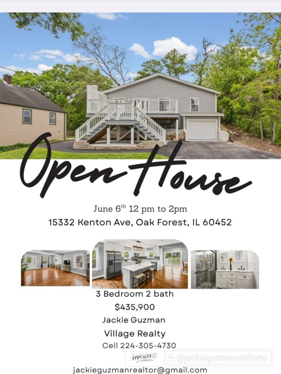 JGuzman74648's tweet photo. Open House – Saturday,  June 6 |      12 PM–2 PM
📍 15332 Kenton Ave, Oak Forest, IL 60452
✨ 3 Bedrooms | 2 Bathrooms
💲 $435,900
Come tour this beautiful home and see all it has to offer!
📞 Jackie Guzman, Village Realty 224 305 4730
#OpenHouse #OakForestIL #HomeForSale https://t.co/IWDLRx3s1u