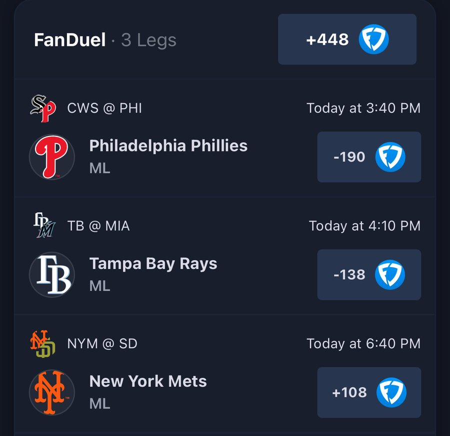 GamblyBot's tweet photo. ✅ Phillies ML
✅ Rays ML
✅ Mets ML

💰 Friday's Gambly Chat +448 ML parlay CASHES! https://t.co/plE4s60WuQ