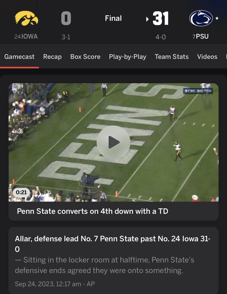 PSUStats's tweet photo. @BarstoolUIowa This is what happened the last time it was mano a mano btw (Iowa fans cried out of the stadium)—but keep dreaming about beating backups/JV squads. That’s all Iowa can hope for now. https://t.co/4m9r3G5Adj