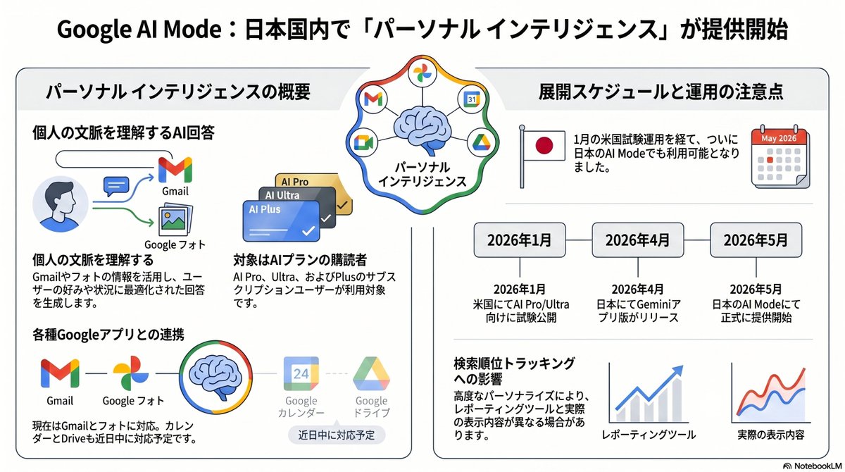 WEBMARKS2's tweet photo. 検索は、いよいよ「全員に同じ答えを返す時代」から
「その人に最適化された答えを返す時代」へ移行している。🔍✨

GoogleのAI Modeでは、検索結果が単なるWebページの一覧ではなく、
ユーザー本人の文脈＝Personal Intelligenceを踏まえた回答に変わっていく。

たとえば、同じ「週末の旅行プラン」と検索しても、
ある人には家族旅行向け、
ある人には出張の延長、
ある人には過去の予定やGmail、カレンダー、写真の情報を踏まえた提案が出る。📩📅📸

つまり、これからの検索は
「キーワードを打つ」だけではなく、
AIがその人の状況・予定・好み・過去行動を理解した上で、
答えを組み立てる世界になる。

これはSEOにとって大きな転換点。⚠️

これまでのSEOは、
・順位
・検索ボリューム
・共通の検索結果
・キーワードごとの上位表示
を前提に考えられてきた。

しかし、パーソナルAIが進むと、検索結果はユーザーごとに変わる。
従来の「順位トラッキング」だけでは、実態を正確に見られなくなる可能性がある。

これから重要になるのは、
1️⃣ オプトインと自社導線の設計
2️⃣ AIに引用・参照されやすい情報構造
3️⃣ ユーザー文脈に合わせたコンテンツ最適化

特に企業は、ただ記事を量産するだけではなく、
「誰の、どんな状況で、どんな意思決定を助ける情報なのか」まで設計する必要がある。

検索はWebインデックスだけの世界から、
個人の情報グラフとつながる世界へ。🌐

SEOは終わるのではなく、
“検索順位を取りにいく施策”から
“AIに選ばれ、文脈の中で使われる情報設計”へ進化していく。

これからのSEO担当者に必要なのは、
検索順位を見る力だけではなく、
ユーザー文脈を読み、AIに理解される情報を設計する力。🚀

ユニバーサルSERPの終焉。
ここから本格的に、パーソナルAI時代の検索戦略が始まる。