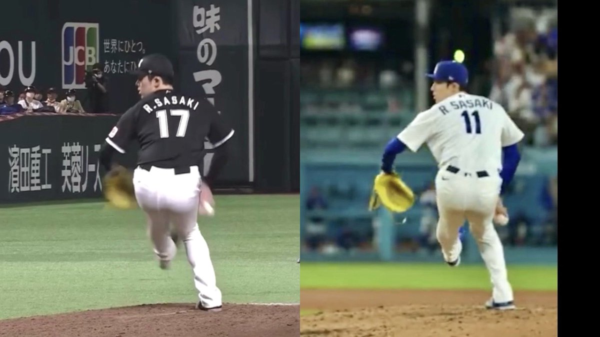 heykwarb's tweet photo. 始動の胸郭から骨盤にかけての捻転は2023の方がまだ大きいんじゃないかとは思ってるけど、体重移動で足を広げた時の形はかなり近くなってるように思う
#佐々木朗希 #RokiSasaki   https://t.co/0y4GortxiF https://t.co/U0XSg1tbYX