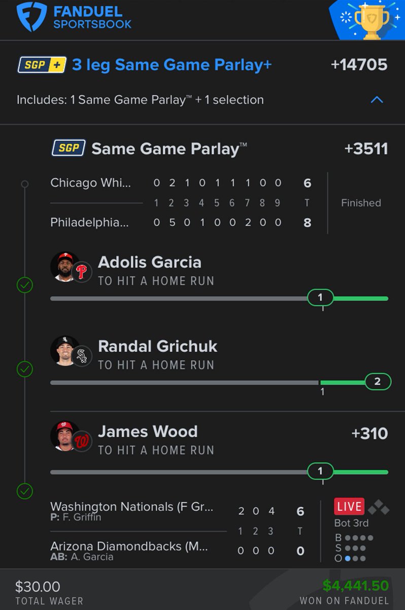 parlaybarry's tweet photo. JUICE REPORT WENT INSANE FOR THE PEOPLE OF X 🤯🔥

I do this for ya’ll. Seeing people send me hits like this is everything! 

GOODMAN HR 💰
KERRY HR 💰
WOOD HR 💰
GRICHUK HR 💰
GARCIA HR 💰
ADAMES HR 💰
SUZUKI HR 💰
CONTRERAS HR 💰

Like this up if you want more FREE reports! https://t.co/7Vt8O3PNJk