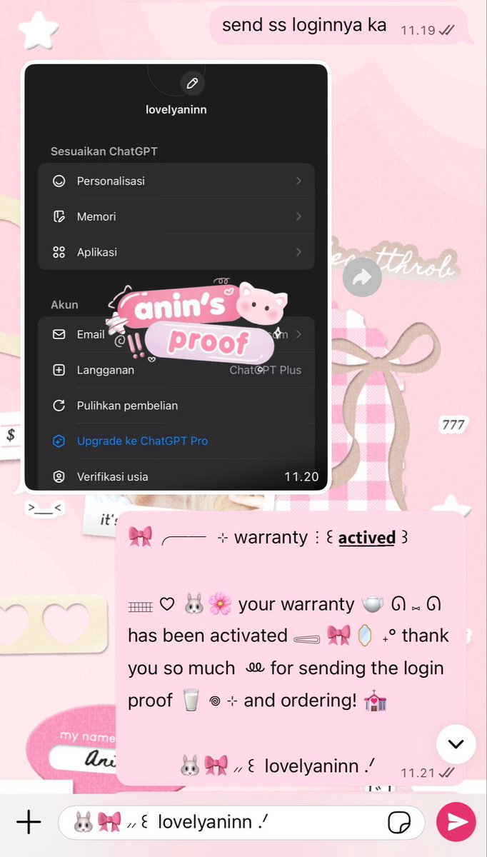 lovelyaninn's tweet photo. 🎀 ⸝⸝ ꒰  chatgpt share 8u 3 day!  .ᐟ

៶៲៸ ꒰ price :: 16.000 𐙚 ꒱ jajan yu! >< 🐰💗 https://t.co/P73OoTNwMy