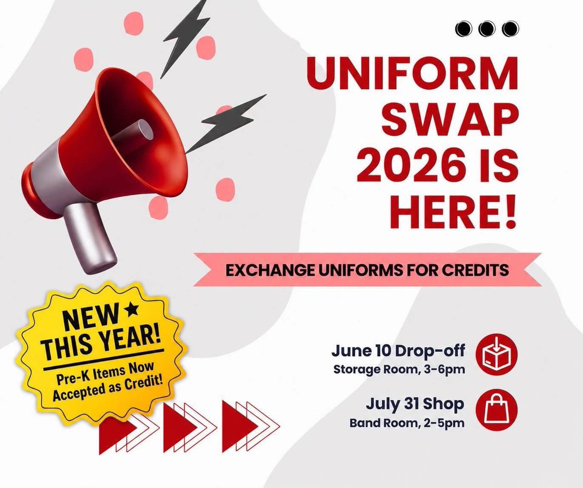 SJCSLions's tweet photo. 📣 SJCS Uniform Swap & Shop 2026 — Important Updates!

We have one more drop-off opportunity before the big event, PLUS something new this year!

⭐ NEW: Pre-K uniform items are now accepted as credit — check the dress code guidelines before dropping off: https://t.co/pvAU1d5UeK

📅 Mark your calendars: 

📦 Drop-Off — June 10 | Storage Room | 3–6pm 

🛍️ Swap & Shop — July 31 | Band Room | 2–5pm

Each eligible item earns 1 credit to use at the shop. All uniform-compliant brands accepted. Help us spread the word by tagging your fellow parent friends, so every SJCS family can take advantage!

Questions? We’re happy to help! Email us at sjcsuniformswap@gmail.com.

#SJCSSwapAndShop #UniformSwap #SJCSFamilies
