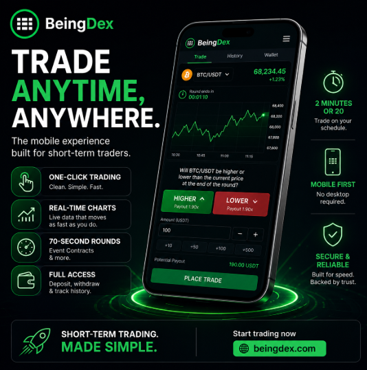 CaptainDef1i's tweet photo. @BeingDex Mobile Experience: Trade Anytime, Anywhere    

The BeingX app makes short-term trading feel natural on your phone.    
✅ Clean one-click interface   
✅ Real-time charts that load fast   
✅ 70-second rounds, Event Contracts & more   
✅ Full deposit, withdrawal & history access    

Whether you have 2 minutes on a break or 20 minutes in the evening, you can place a trade, check results, and move on.    
No desktop required.    
 👉 https://t.co/rzWE0a61e8    

#BeingDex