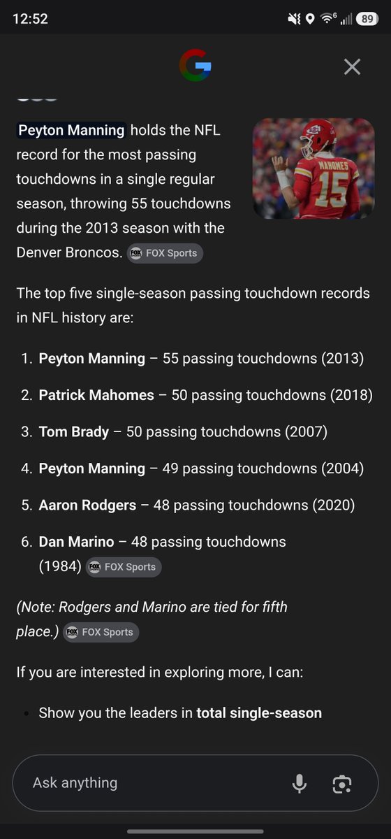 codeywan's tweet photo. @IDCowboy6 @td_nash 1/ You keep saying that but the stats tell a different story.

Especially when you look at individual stats not team stats. 

On a list of the top five most touchdowns thrown in a single season...

Peyton holds 2 of those 5.

Brady holds 1. https://t.co/OWBLM1VSZD