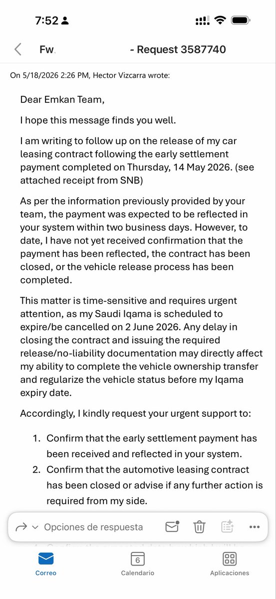 HVizMar's tweet photo. @SAMAcares I am requesting urgent support regarding an unresolved car leasing contract closure issue with @Emkan @EmkanCare 
Settlement paid: 14 May 2026
Reflected in system: 18 May 2026
Today: contract still not closed and can’t do final exit do car still under my Absher 
Due to these delays, my immigration status and Final Exit process have been directly affected.
I have already submitted a valid Wakala, updated contact details, and multiple escalations without resolution.
Request No: 3587740
Kindly investigate urgently
